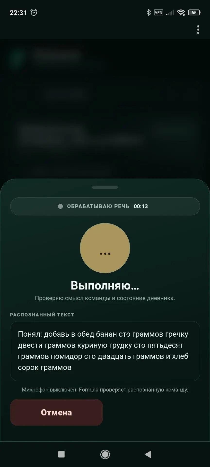 Реальный экран голосового дневника Formula